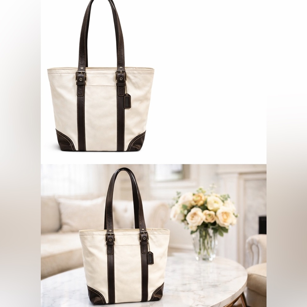 Coach Hampton leather vintage‎ Elegant White and Black Tote Bag No F0782-F11201